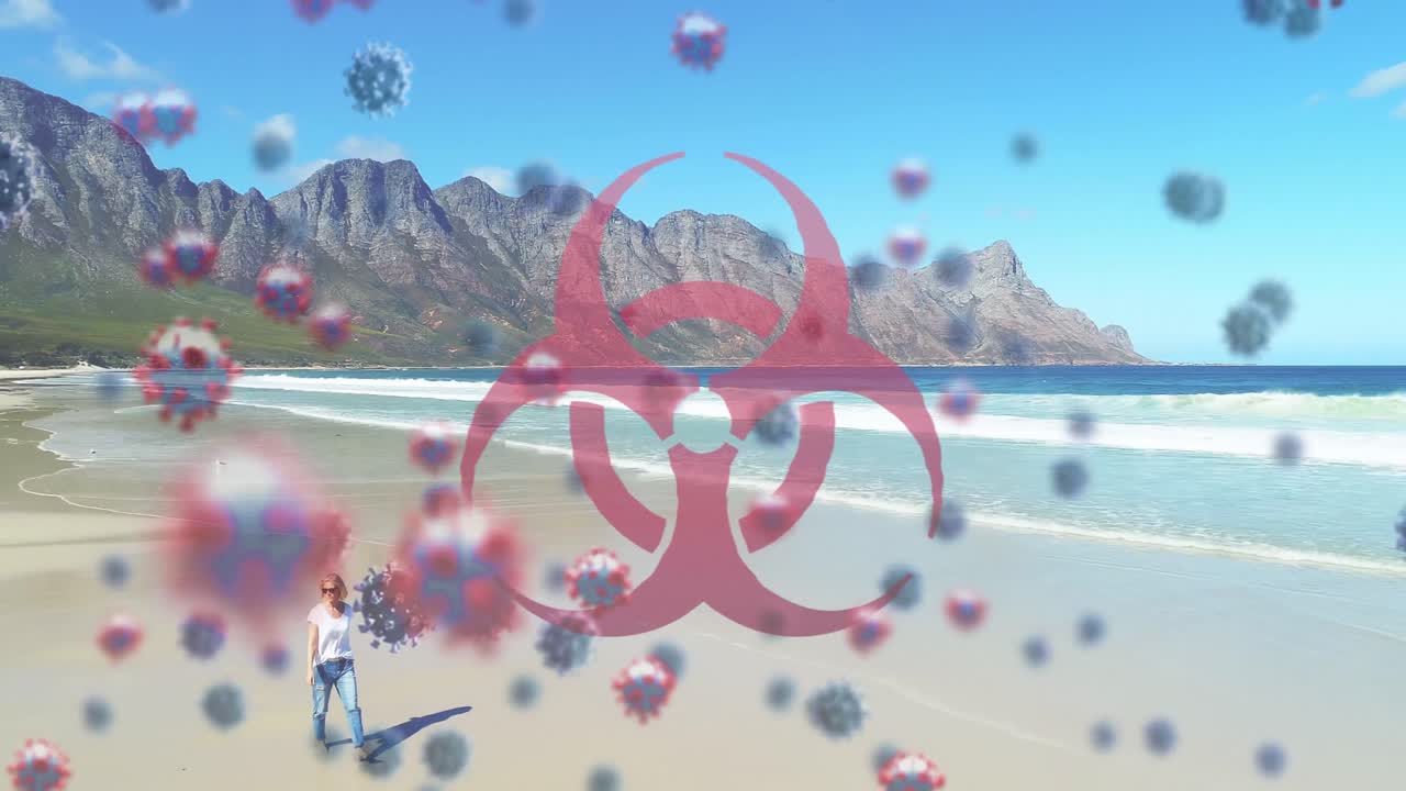 해변에서  ⁇ 고 있는 여성을 향해 떠다니는 위험 신호와 코로나19 세포의 디지털 복합 비디오