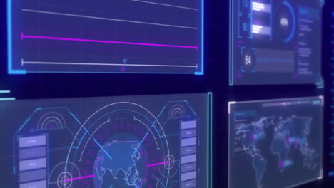 animación del procesamiento de datos en gráficos brillantes, gráficos y mapa del mundo en una pantalla de interfaz oscura