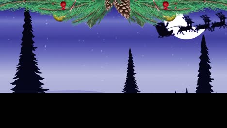 Animation-of-christmas-decorations-with-santa-claus-in-sleigh-with-reindeer-over-winter-scenery