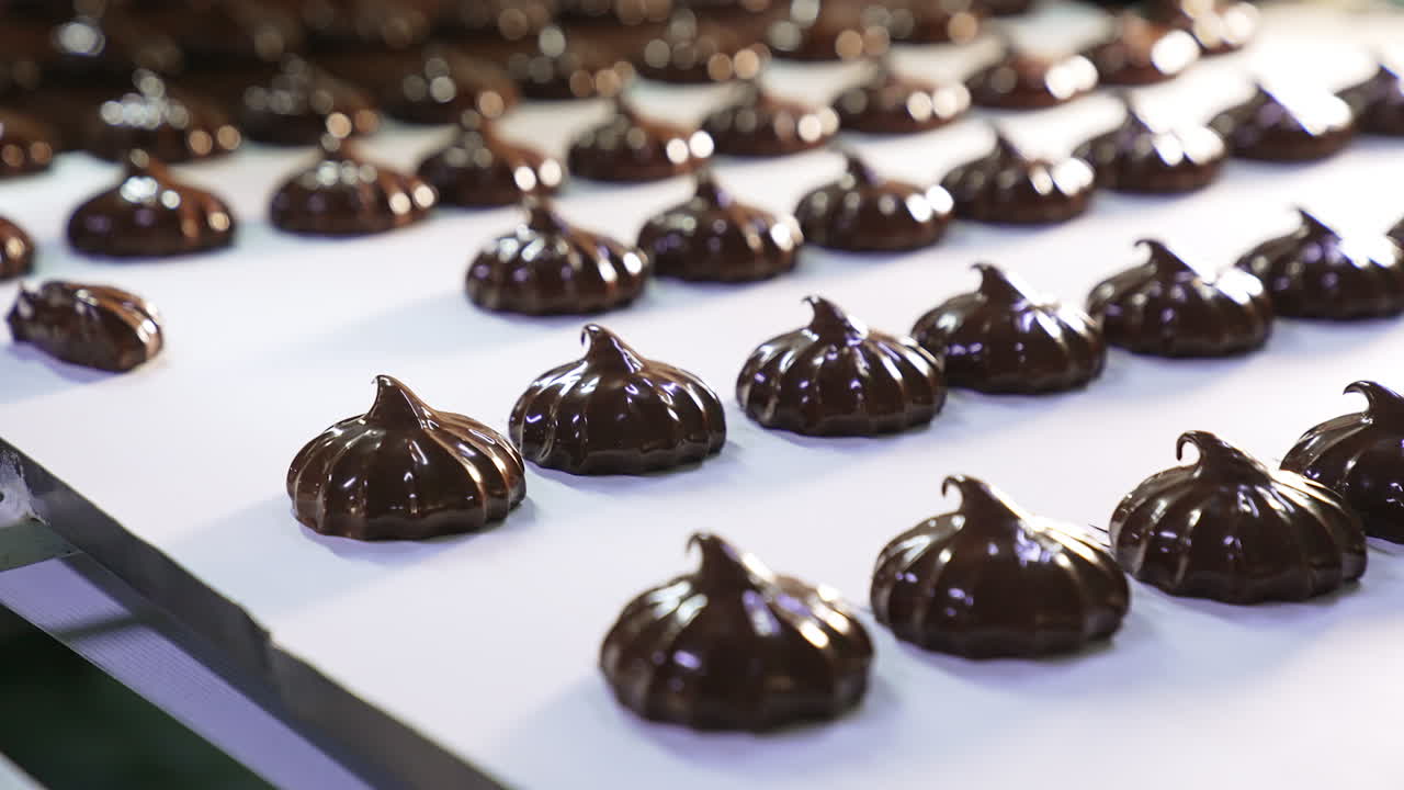 Shiny marshmallow desserts on the conveyor line. Freshly-made sweets at the confectionary industry. Close up.