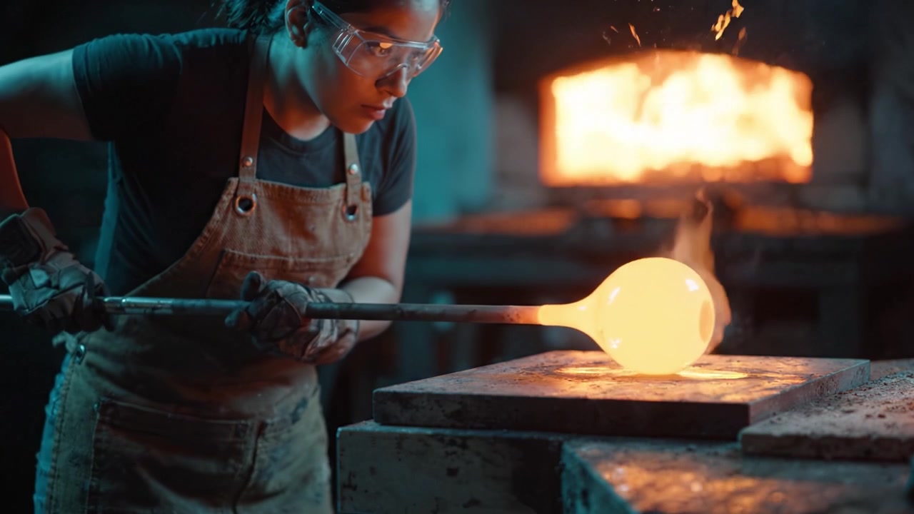 Un abile soffiatore di vetro modella meticolosamente il vetro fuso in un laboratorio, mostrando l'arte della lavorazione del vetro sullo sfondo di una fornace ardente.