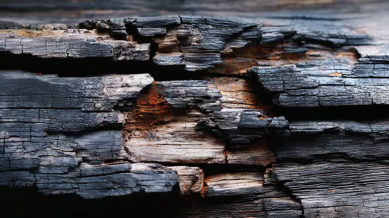 Close-up of Weathered Wood: A Detailed Examination of Cracked, Charred Texture and Rich Color Variations in Worn Timber, Highlighting Natural Decomposition and Aesthetic Appeal