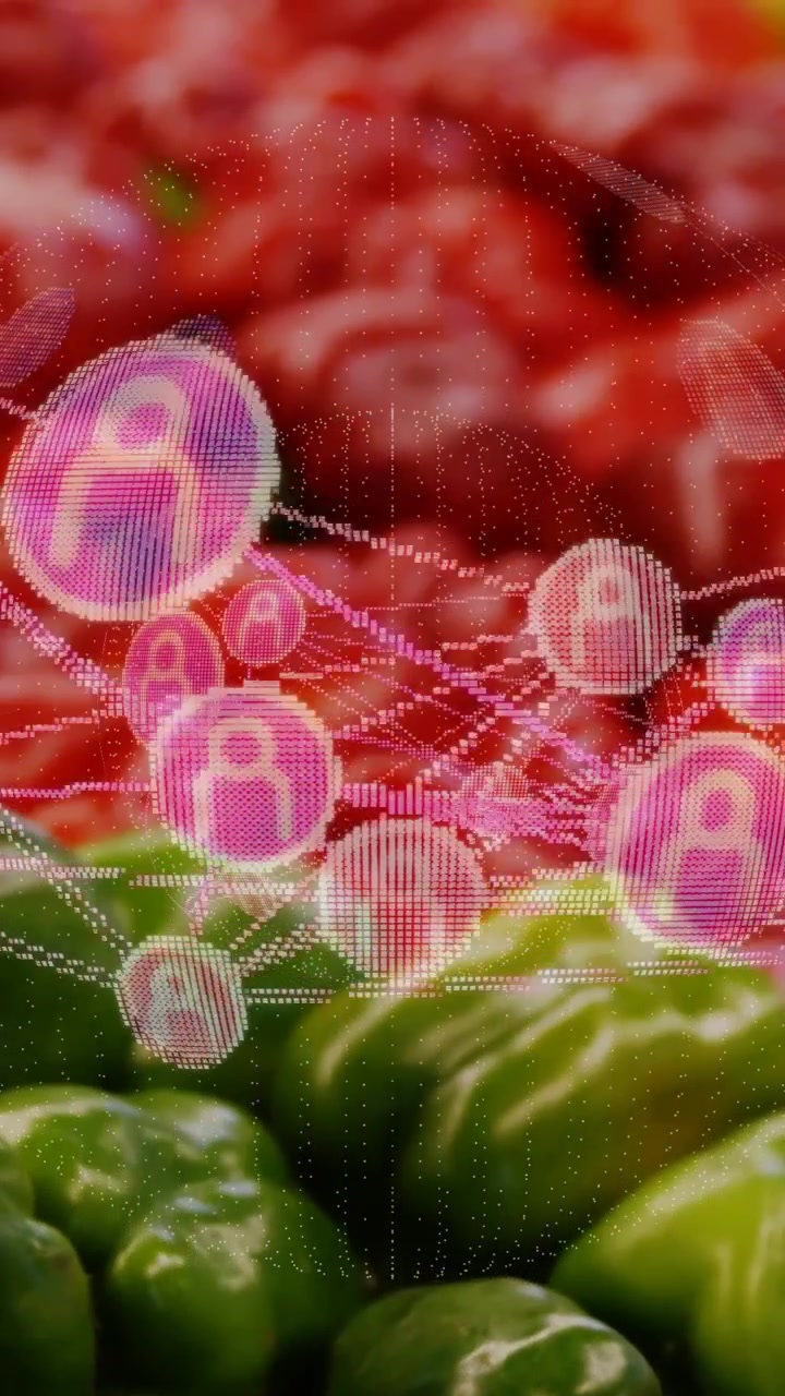 Video verticale: Una debole rete rosa che sale, con nodi che si collegano su peperoni verdi e prodotti rossi, mostrando dati.