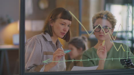 diverse female colleagues drawing graph on glass wall in office