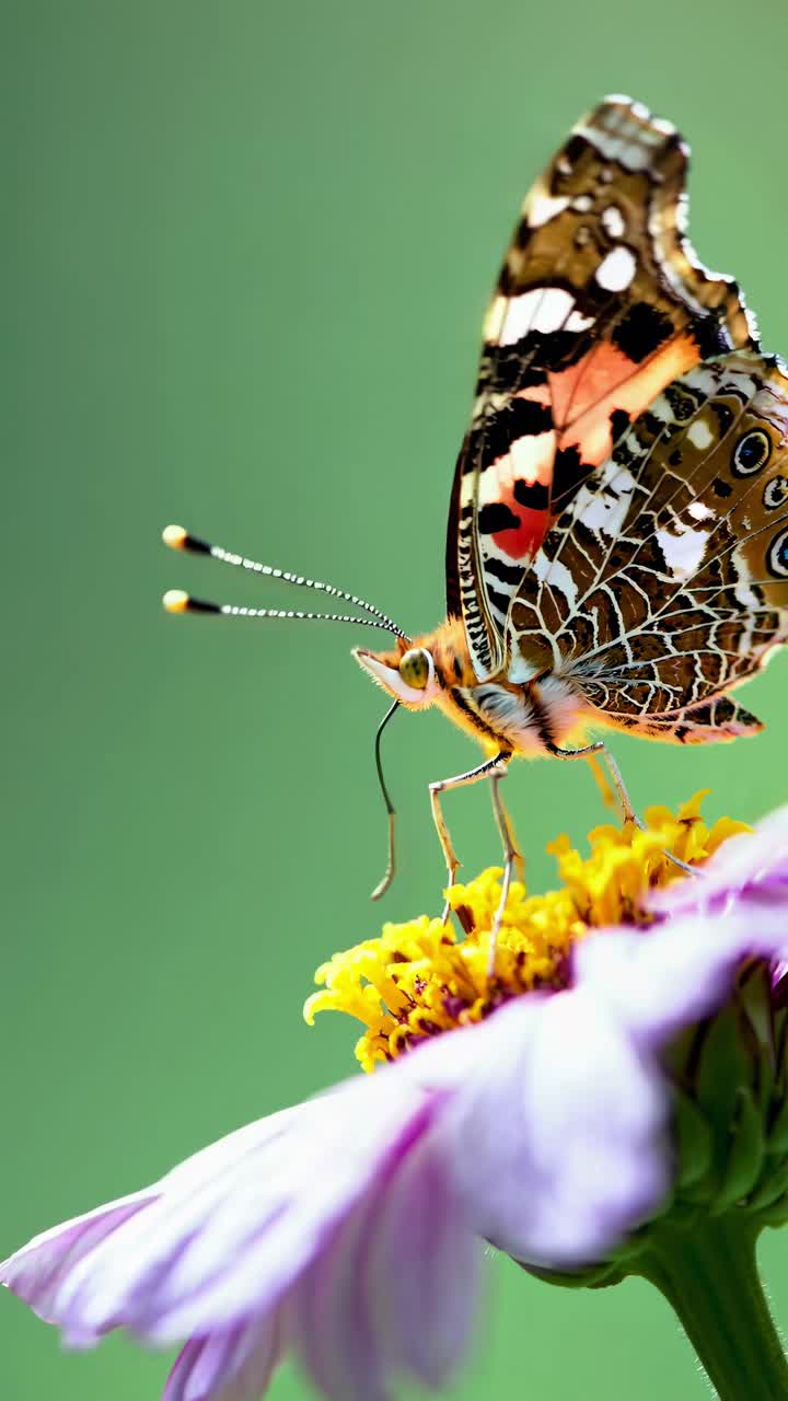 Video ravvicinato di una farfalla su un fiore, che mostra gli intricati motivi delle ali