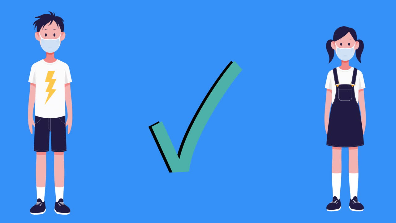 얼굴 마스크를 쓴 소년과 소녀 아이콘이 파란색 배경에 사회적 거리를 유지하고 있습니다.