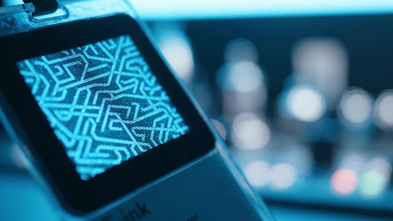 Close-up view of a digital display device featuring an intricate patterned interface, illuminated with vivid blue hues, highlighting technological sophistication and design.