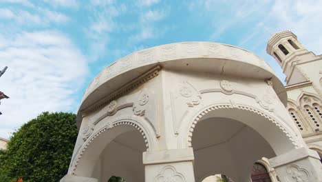 detail view of dome gazebo parallaxing with agia napa cathedral in limassol, cyprus