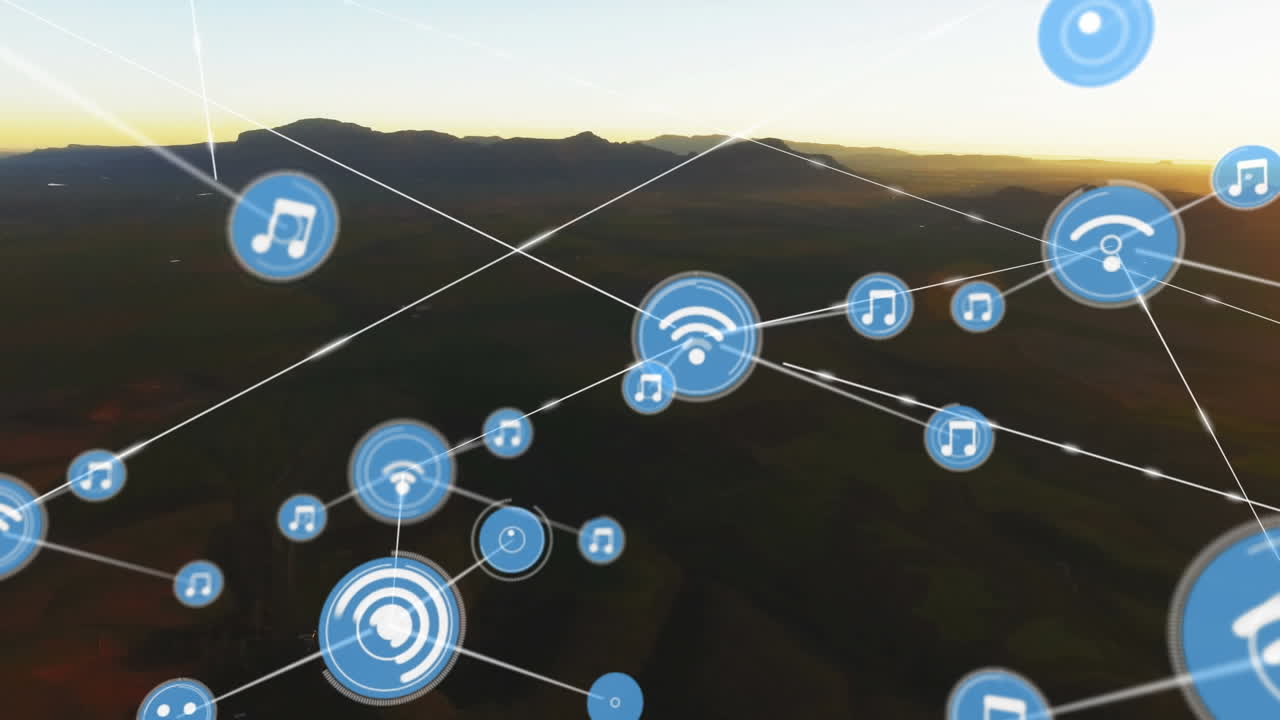 animación de la red de conexiones con iconos sobre el paisaje