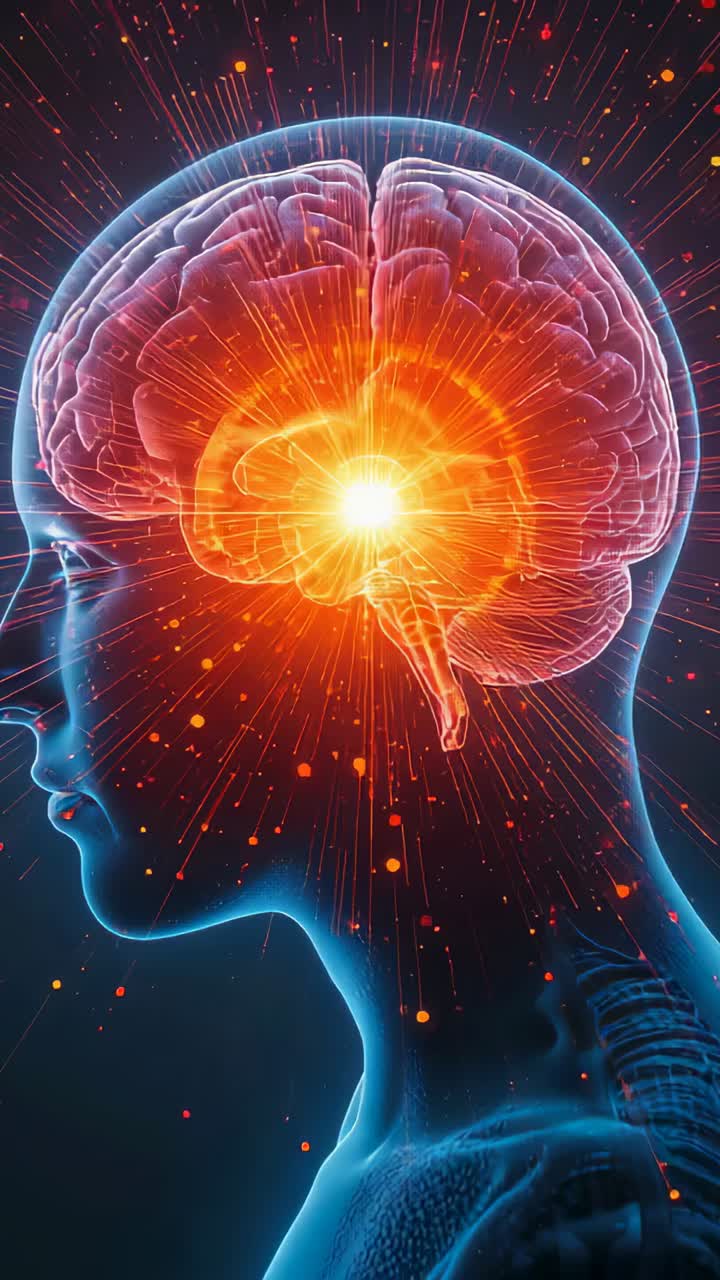 Vertical video: Skull pulsing brain core after pressing play in studio, showing neural activation