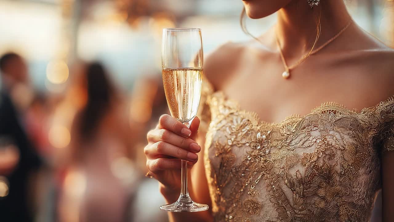 Elegante festa di matrimonio al tramonto con invitati che si godono un drink