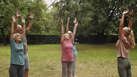 senior people exercising with female fitness instructor in park