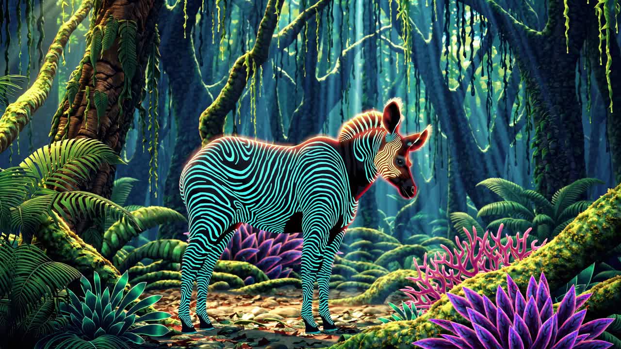 Glowing Zebra in a Vibrant Jungle