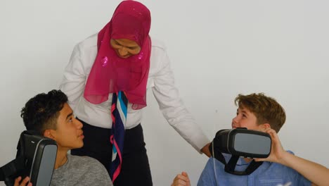 Female-pilot-giving-training-on-virtual-reality-headset-to-kids-4k