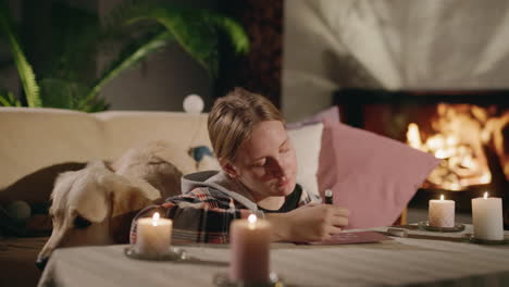 girl writing a letter by the fireplace with dog