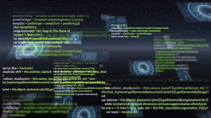 Programming code and data processing animation over digital interface with graphs