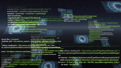 Programming code and data processing animation over digital interface with graphs