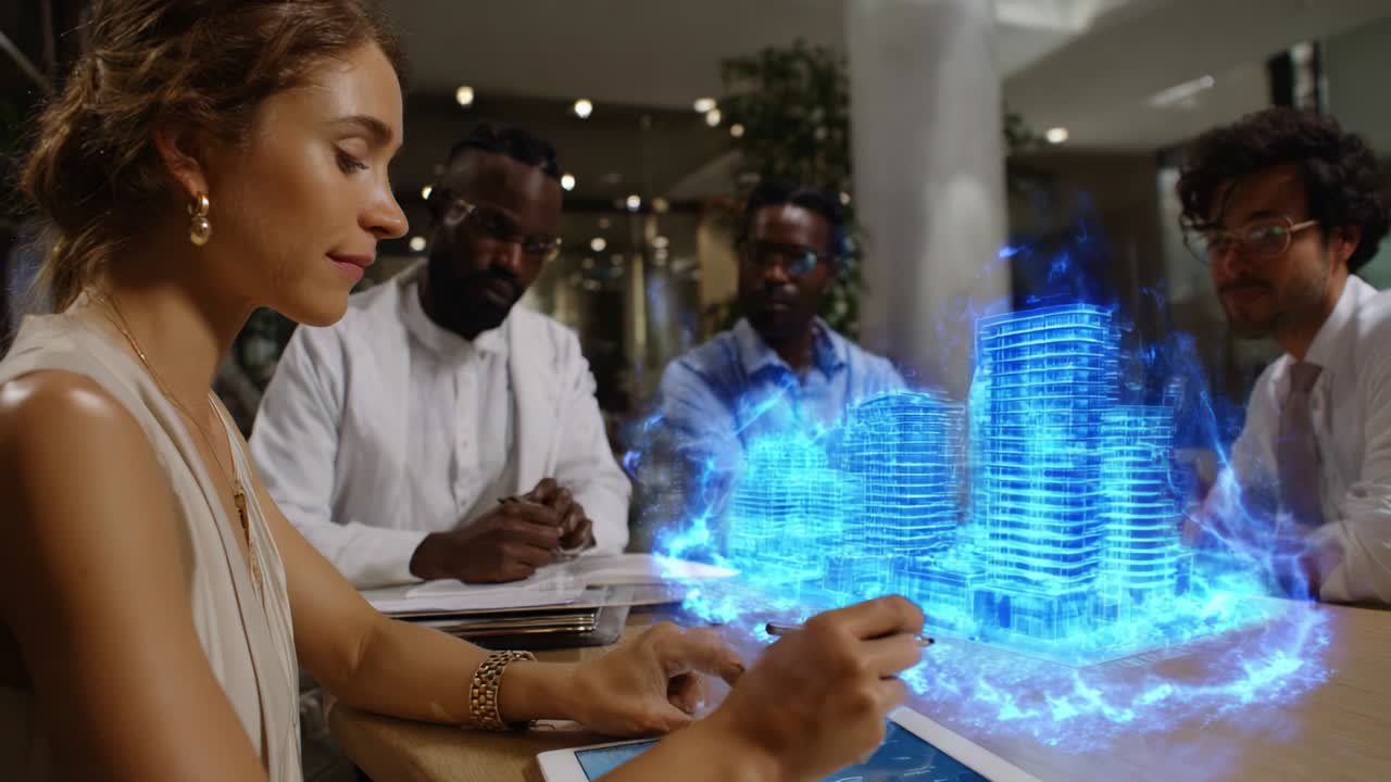 Innovative Digital Collaboration: A Woman Engaging with Advanced Holographic Technology to Visualize Architectural Concepts in a Modern Conference Room Setting with Colleagues