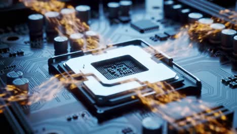 intricate close-up of a modern microprocessor on a circuit board with dynamic electric flow representation, showcasing advanced semiconductor technology