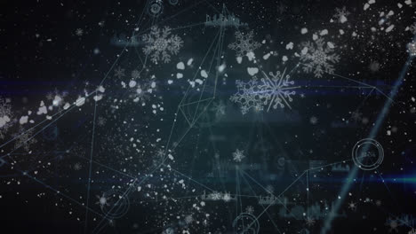 animation of snow falling over network of connections on black background