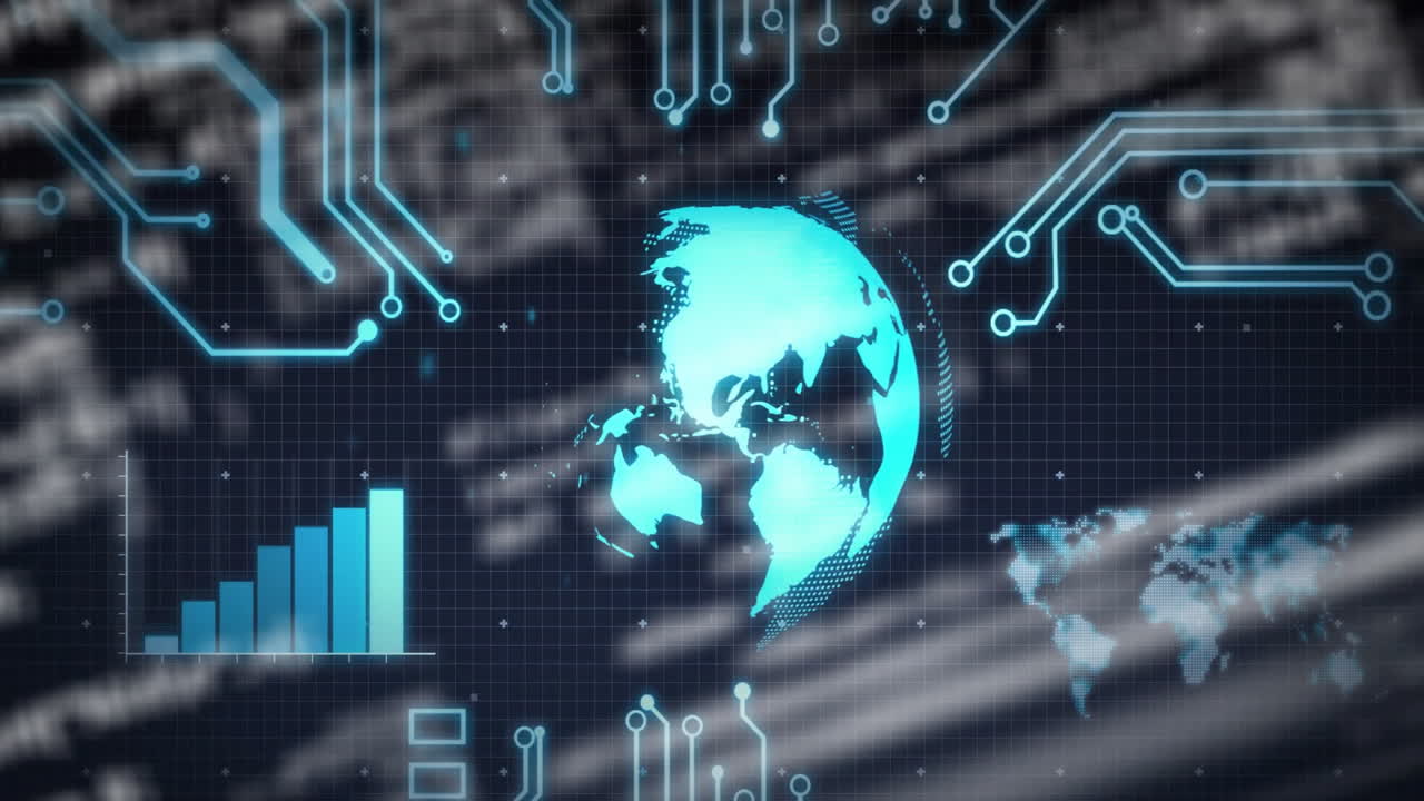 Glowing cyan globe floating over dark grid, showing neon circuits, rising bar chart and pixel map