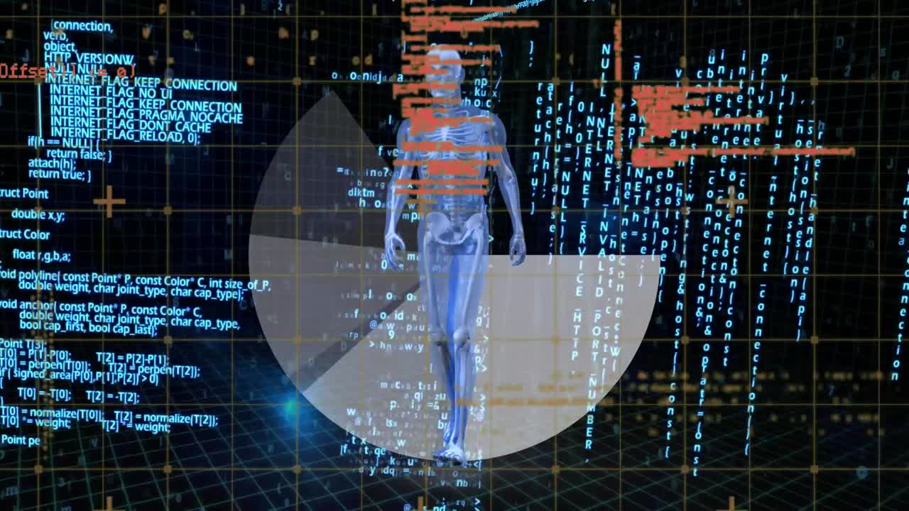 Animation of human body model over science data processing on dark background