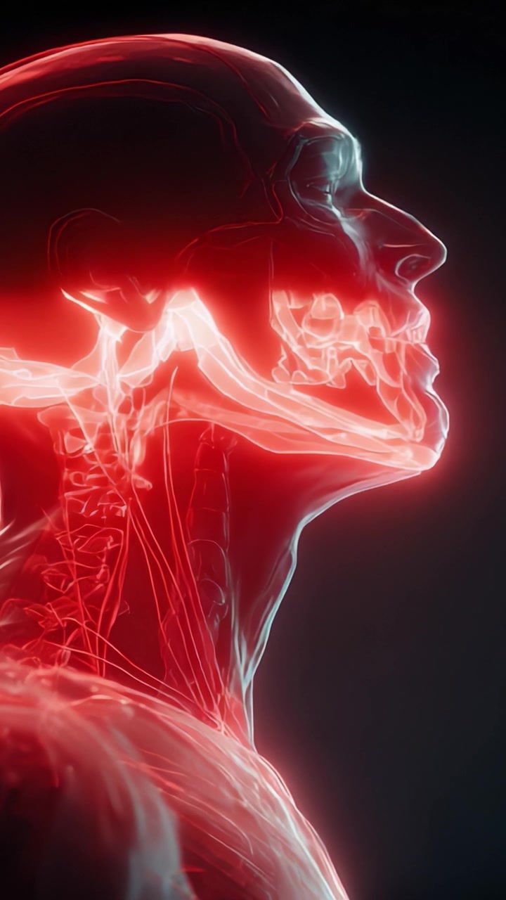 Un'Esplorazione Anatomica del Collo Umano e delle Strutture Facciali Illuminate da una Vivida Luce Rossa, Mostrando Componenti Muscolari e Vascolari Chiave in una Presentazione Surreale