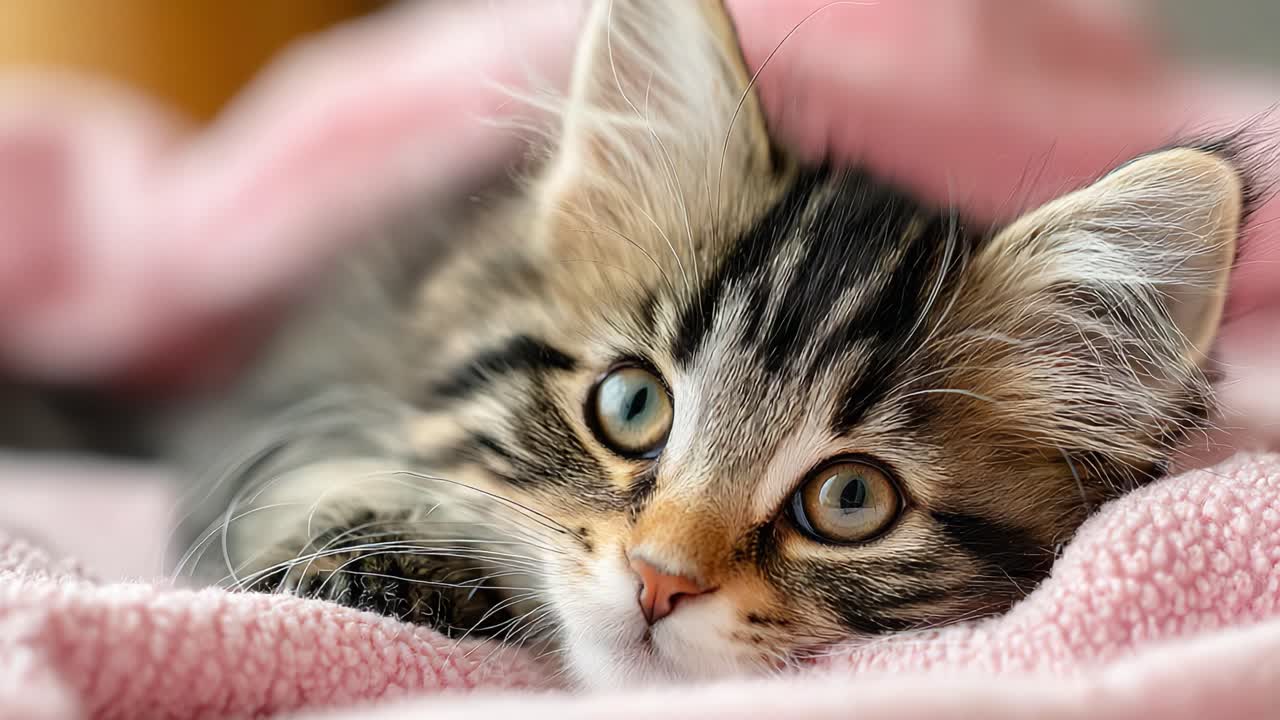 Un primer plano encantador de un gatito juguetón relajándose sobre una cálida manta, mostrando sus hermosos ojos y su esponjoso pelaje en un acogedor ambiente interior