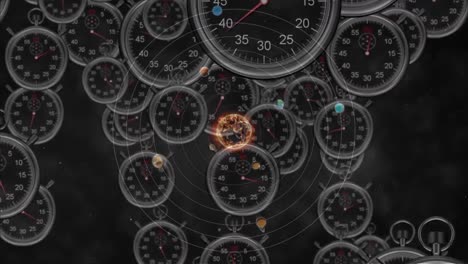 animation of solar system, planets and space over clocks ticking