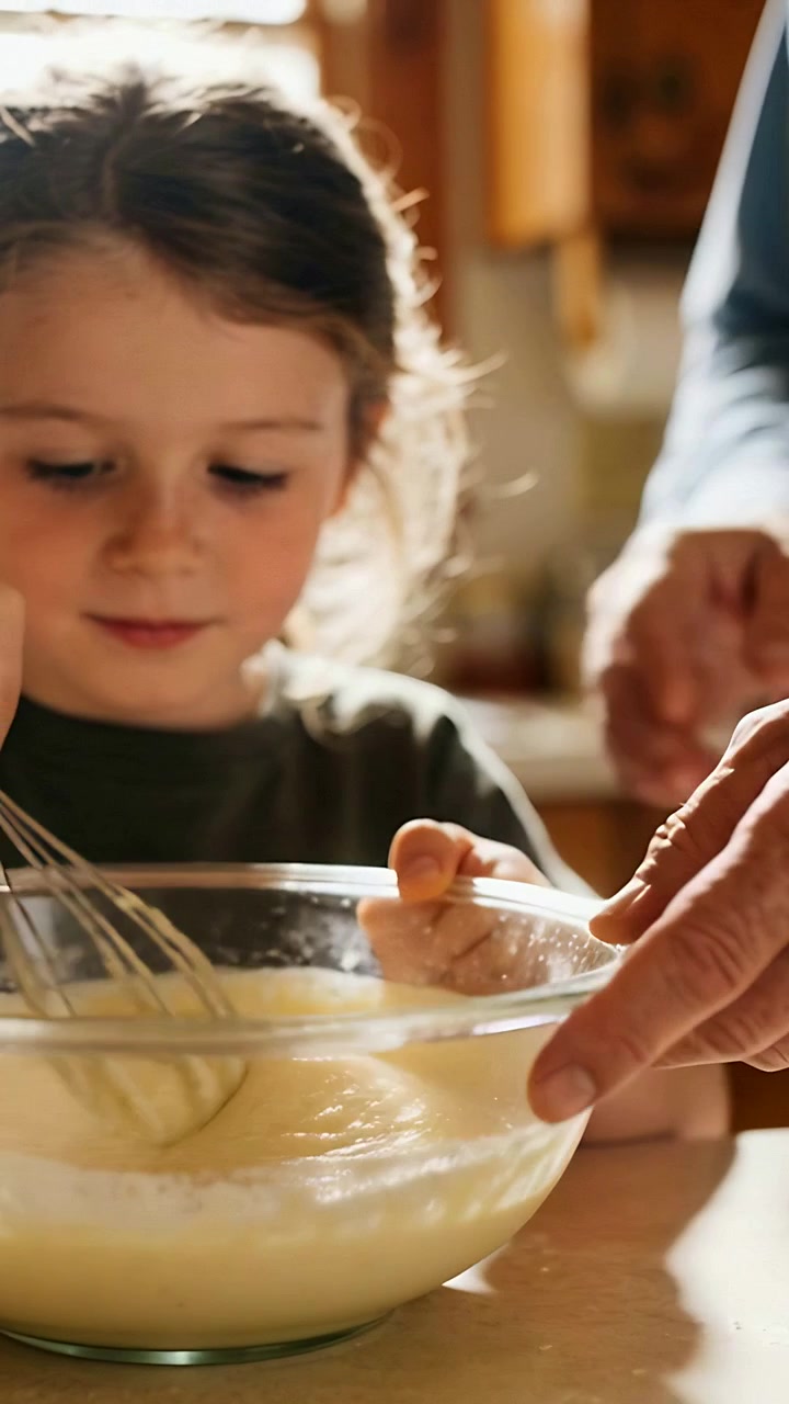 Vertical video: Whisking kid learning to mix batter as adult hands guiding bowl and whisk at home