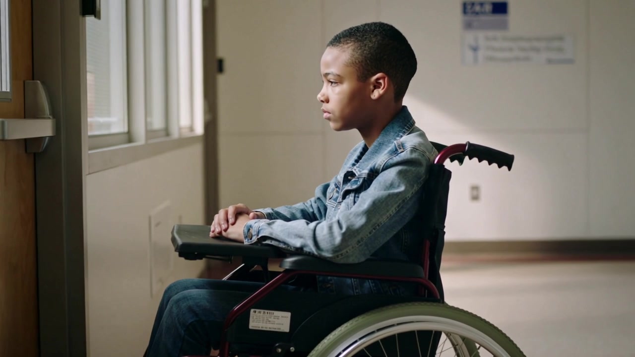 Turning denim-clad boy shifting gaze toward windows in hall sunlight drawing notice wheelchair tray