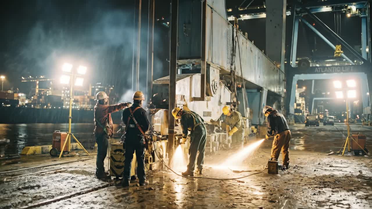 Industrial Workers Welding and Repairing Machinery at Night in a Port