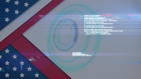 animation of circular scanner and data processing over stars and stripes of american flag