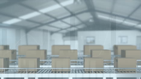 animación del procesamiento de estadísticas sobre cajas de cartón en cintas transportadoras