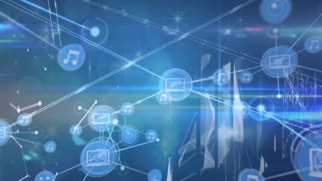 animation of network of connections with icons over shapes on blue background