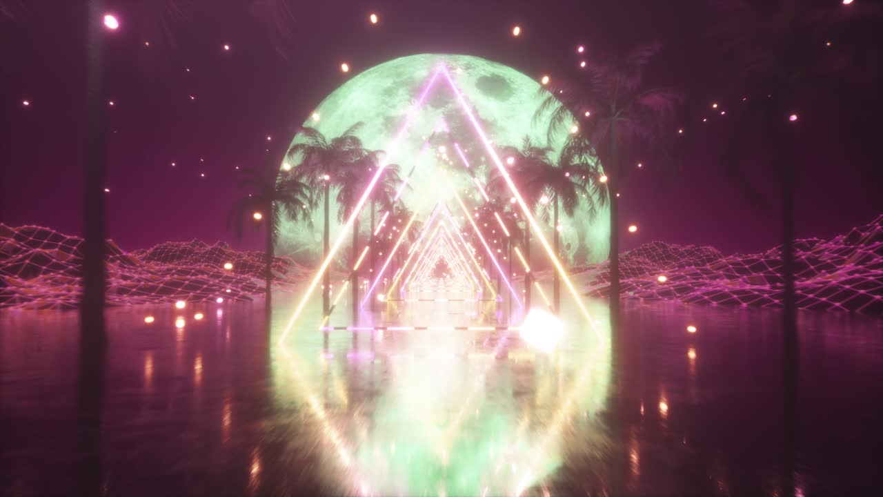 80's abstracto retro fondo futurista. hermosa animación con triángulo de neón ultravioleta luces modernas. estilizado de onda retro. volando en el espacio con partículas y palmeras