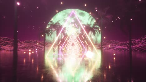 80's abstracto retro fondo futurista. hermosa animación con triángulo de neón ultravioleta luces modernas. estilizado de onda retro. volando en el espacio con partículas y palmeras