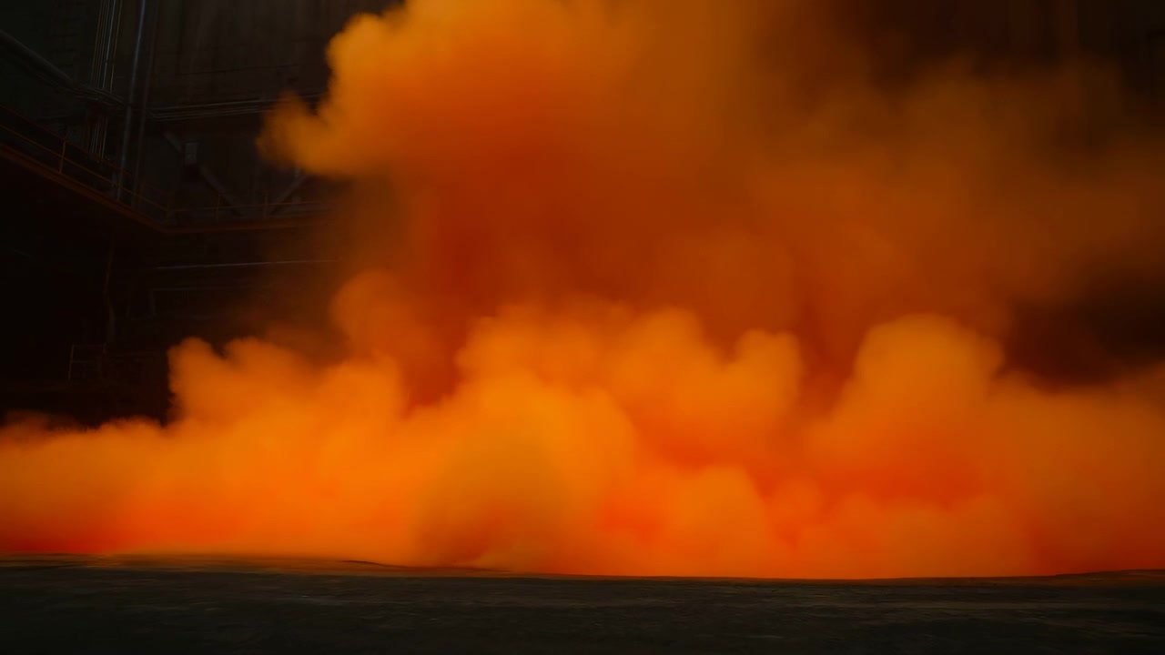 Dense orange smoke spreads across warehouse like floor and midlevel space, forming rounded turbulent billows, soft diffuse edges, warm glow, strong contrast, moody commercial atmosphere