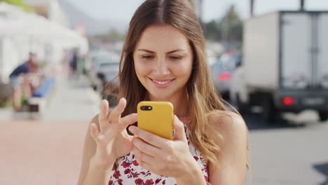 Face,-woman-and-phone-in-city-for-social-media