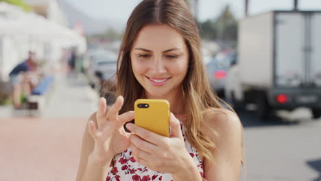 face, woman and phone in city for social media