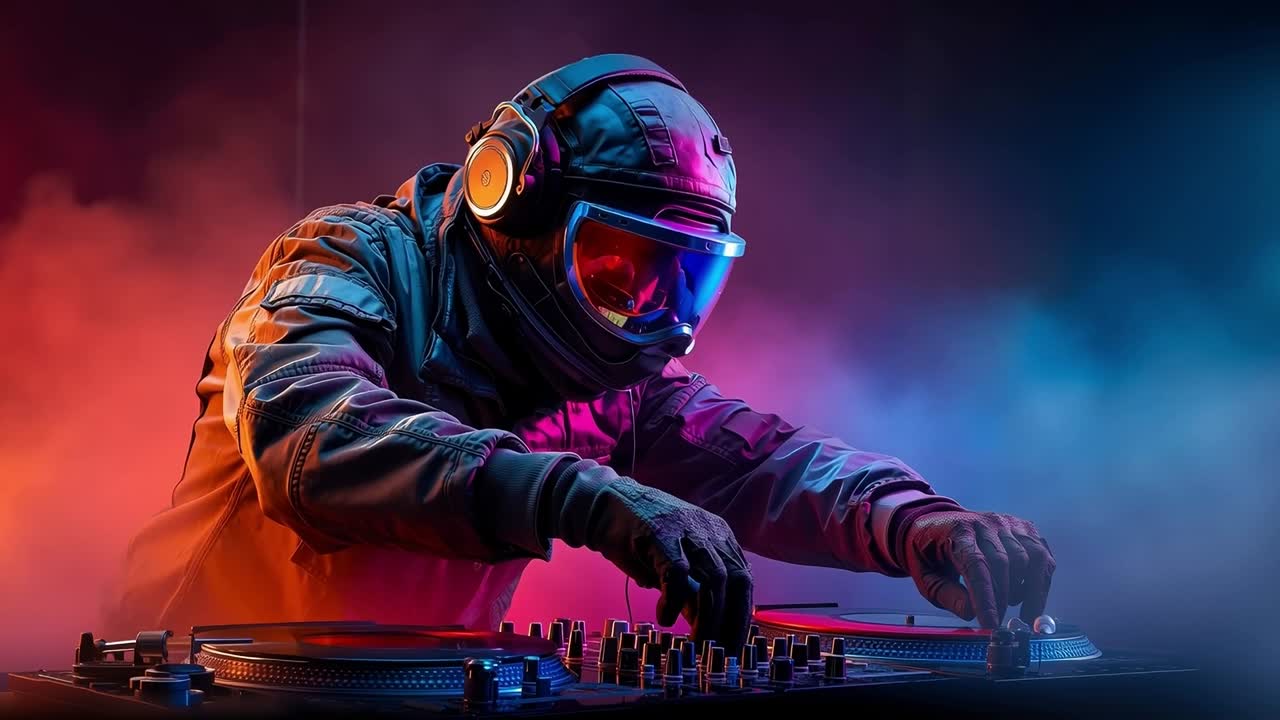 A man in a helmet and goggles playing a dj set