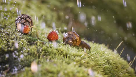 close-up de la vida silvestre de una y fresas silvestres y caracol en la fuerte lluvia en el bosque. disparado en cámara súper lenta 1000 fps.