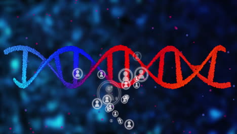 animation of dna strand with social network icons on digital blue background