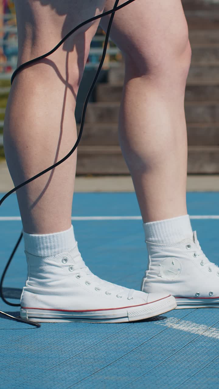 Closeup of athletic man legs skipping rope doing jumping exercises on basketball court outdoors