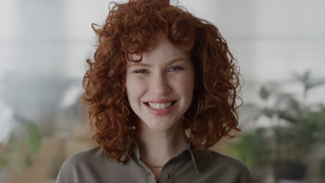 portrait beautiful red head business woman smiling cheerful enjoying professional career young stylish female in office slow motion cute feminine student