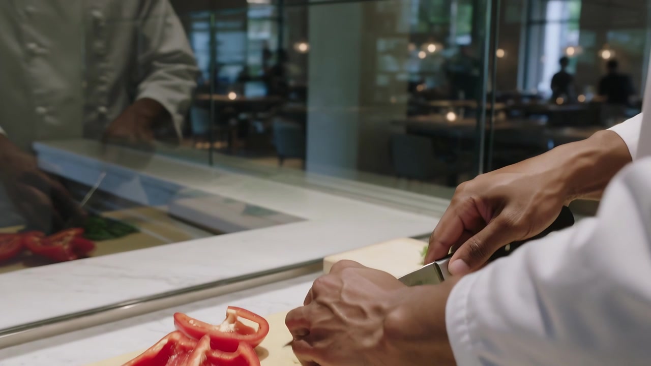 Chef en veste préparant des légumes verts et des poivrons avec un couteau pendant le service en cuisine, avec espace pour le texte