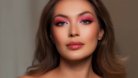 close-up portrait of a woman with vibrant pink eyeshadow and glossy lips