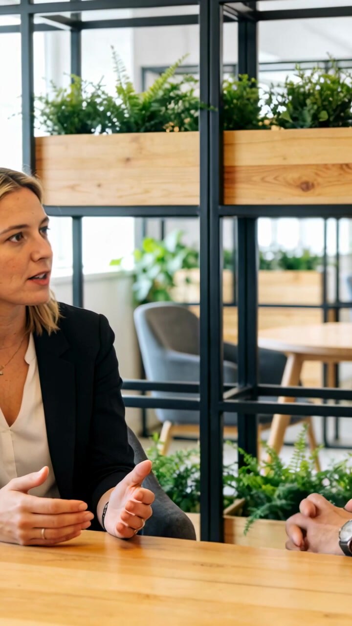 Vertical video: Speaking woman in blazer gesturing in meeting at table with planters, copy space