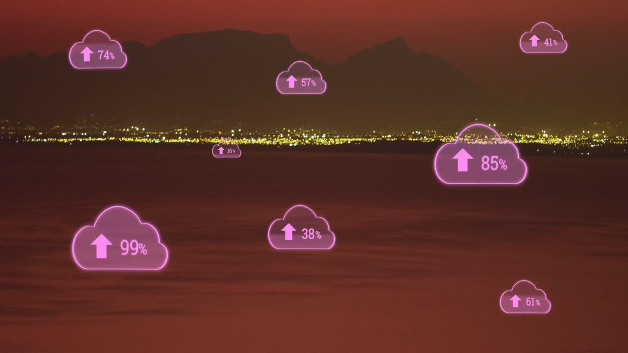 animación de porcentaje de crecimiento, sostenibilidad y nubes ecológicas sobre el paisaje.