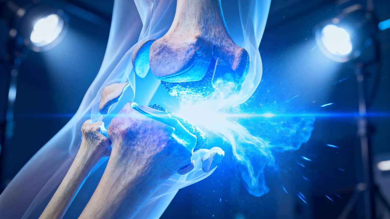 Mostrando la articulación de la rodilla en el contacto fémoro-tibial en un estudio, emitiendo plasma azul y expulsando cartílago.